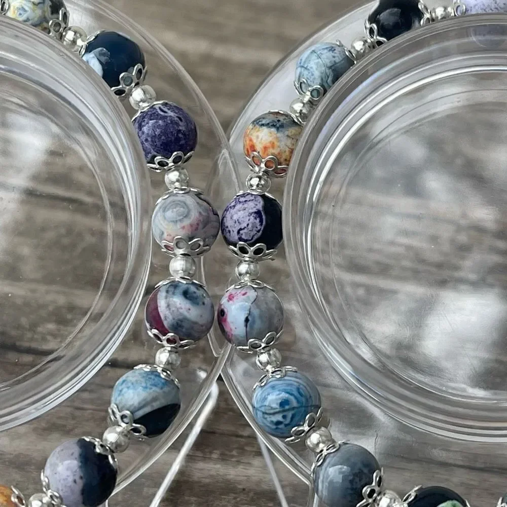 Colorful orca stretch bracelet silver tone black blue pink beads beaded NEW dyed
